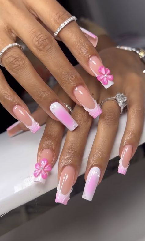 Pink Virgo Nails, Nails Birthday Pink, Summer Nails With Charms, Flamingo Pink Nails, Baddie Pink Nails, Vacation Nail Inspiration, Pink On Pink French Nails, Pink Acrylic Coffin, Birthday Nails Pink