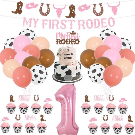 PRICES MAY VARY. Package Includes: 25 latex balloons 12 inches (9 light pink, 4 white, 4 apricot, 4 pink, 4 khaki), 1 pink number 1 foil balloon 32 inches, 24 cupcake toppers, 1 “My First Rodeo” banner, 1 glitter cowgirl garland, 1 “My First Rodeo” cake topper, 2 white ribbons 32.8 ft. Cowgirl Party Decorations: If you want to have a western cowgirl-themed party for your one-year-old daughter, these pink cowgirl rodeo birthday supplies are a great choice! The cowgirl flag and My First Rodeo cake Farm Theme First Birthday, Cowgirl Birthday Cakes, Cowgirl Party Decorations, First Rodeo Birthday, Rodeo Birthday Parties, 1st Birthday Balloons, Rodeo Party, My First Rodeo, Rodeo Birthday