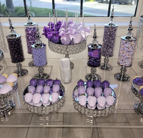 White And Purple Party Decor, Lilac Candy Table, Purple Quince Dessert Table, Lavender Candy Table, 16 Shades Of Purple Sweet 16, Lilac Quinceanera Centerpieces, Sweet 16 Sweet Table Ideas, Purple Treat Table, Quinceanera Dessert Table Ideas Lavender