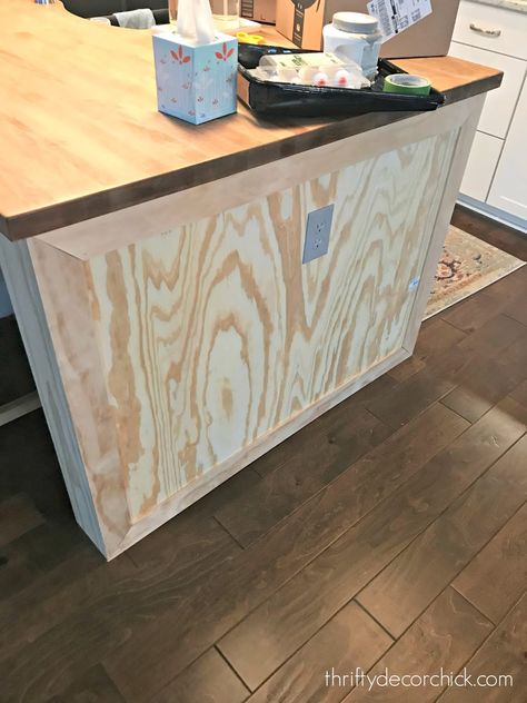 Build out a kitchen island with side panels | Thrifty Decor Chick Kitchen Island Side Panels, Kitchen Island Paneling Ideas, Kitchen Island End Panels, Kitchen Island Ends, Diy Island, Plain Kitchen, Kitchen Island Makeover, Diy Storage Rack, Plywood Siding