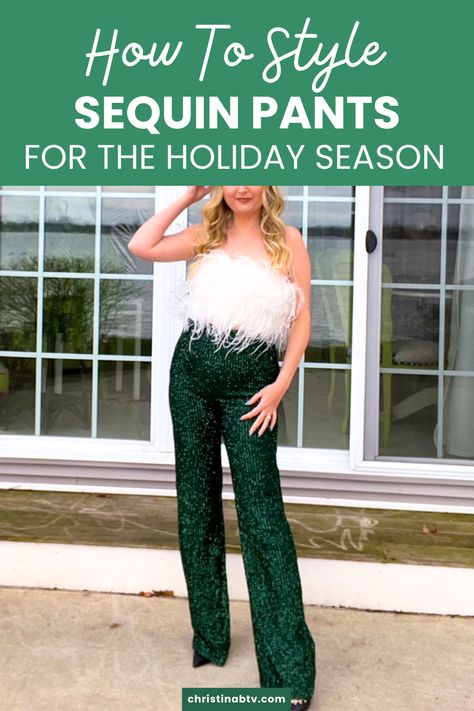 Sparkle and shine this holiday season with our blog post on chic party outfits featuring sequin pants! Whether it's a casual Christmas gathering or a classy New Year's Eve celebration, discover how to rock sequin pants in black, gold, red, and silver. Elevate your winter style effortlessly. Wide Leg Sequin Pants Outfit, Sequin Pants Outfit Holiday, Trousers Outfit Night Out, Sparkle Pants Outfit, Black Sequin Pants Outfit, New Year Outfit Casual, Red Trousers Outfit, Sequins Pants Outfit, Semi Formal Outfits For Women