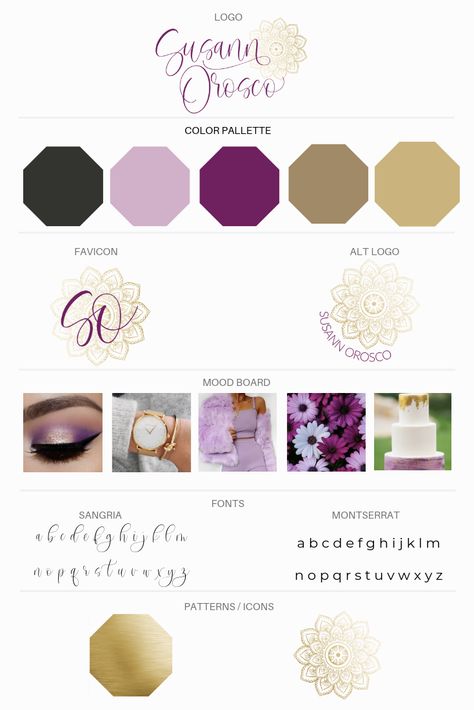 Lavender And Gold Color Palette, Purple White Gold Color Palette, Amethyst Branding, Purple And Gold Branding Board, Purple Black Gold Color Palette, Business Color Palette Brand Design Purple, Purple And Gold Palette, Purple Logo Design Ideas, Pink And Purple Branding