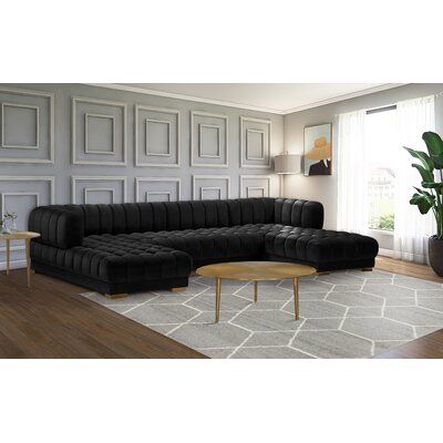 Settle in for family game night atop this Gwen velvet sectional that's upholstered with soft velvet material. This 3-piece sectional has a lot to offer, with its deep seating and extra wide design that gives you oodles of room to move around and get comfy. The tufted design of the arms, back, and seats adds to their durability and soft, welcoming touch. The sectional comes with two sets of legs in both gold and chrome to mesh nicely with other elements in your room. Everly Quinn Fabric: Living B Black Sectional, Modern Living Room Lighting, Velvet Sectional, Sectional Sofas Living Room, 3 Piece Sectional, Meridian Furniture, Upholstered Sectional, Living Room Sectional, House Interior Decor