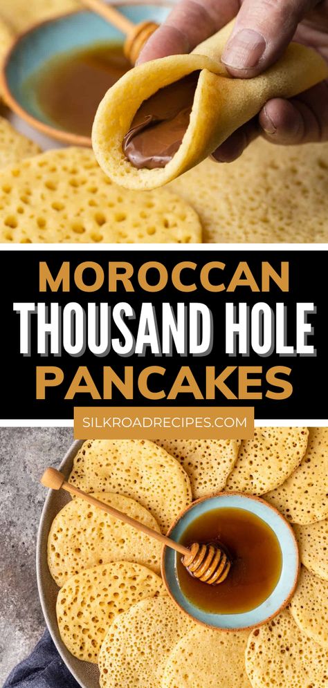 Moroccan Thousand Hole Pancakes are a great recipe for a breakfast, snack, dessert, or iftar meal during Ramadan! They are very different from the thick cake-like consistency of an American pancake. The signature tiny holes across them is why they also go by names like honeycomb pancakes, and Moroccan crepes. With Baghrir the spongy consistency is perfect for soaking up honey butter, syrup, or whatever you decide to serve them with. Easy Moroccan Dessert, Middle Eastern Pancakes, Breakfast From Around The World, Moroccan Crepes, Ramadan Breakfast, American Dinner Recipes, Breakfast With Bread, Moroccan Dessert, Moroccan Foods