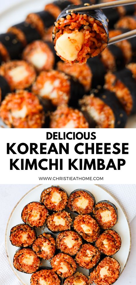 Cheese Kimbap Recipe, Kimchi Gimbap Recipe, Kimchi Snack Ideas, Lunch Ideas With Kimchi, Gimbap Sauce, No Rice Kimbap, Korean Recipes With Rice, Asian Dinner Sides, Korean Food Healthy Aesthetic