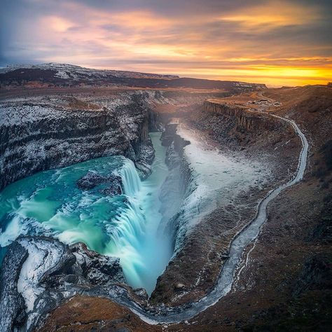 The Gullfoss (Golden waterfall) is one of more than 10 thousand waterfalls in Iceland, but is unique in that you can view it from above! Golden Waterfall, Waterfalls In Iceland, Iceland Air, Gullfoss Waterfall, Adventure Motorcycle, Iceland Waterfalls, Best Shots, Visit Iceland, Motorcycle Riding