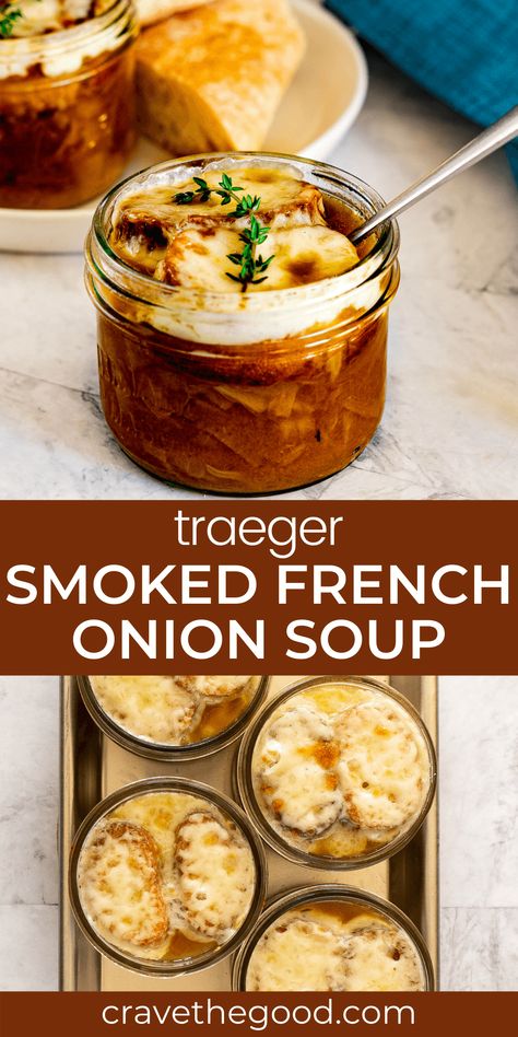 Camping Traeger Recipes, Smoked French Onion Soup, Smoked Provolone Recipes, Traeger Soup Recipes, Smoked Meal Ideas, Smoker Soup Recipes, Smoked Soups, Smoked Soup Recipes, Smoked Onions In Smoker