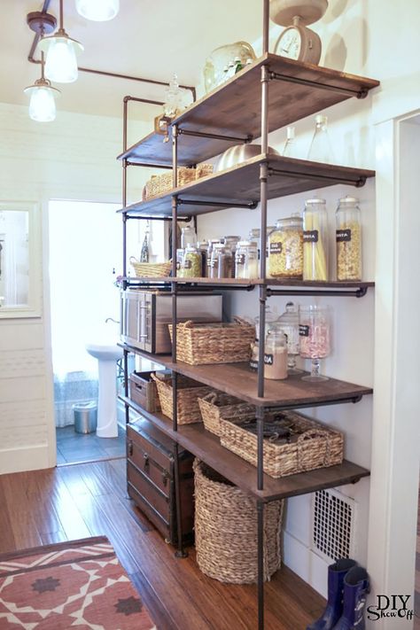 Kitchen Open Shelving Ideas, Kitchen Shelf Design, Diy Pantry Shelves, Open Pantry, Diy Pantry, Open Kitchen Shelves, Regal Design, Unique Kitchen, Trendy Kitchen