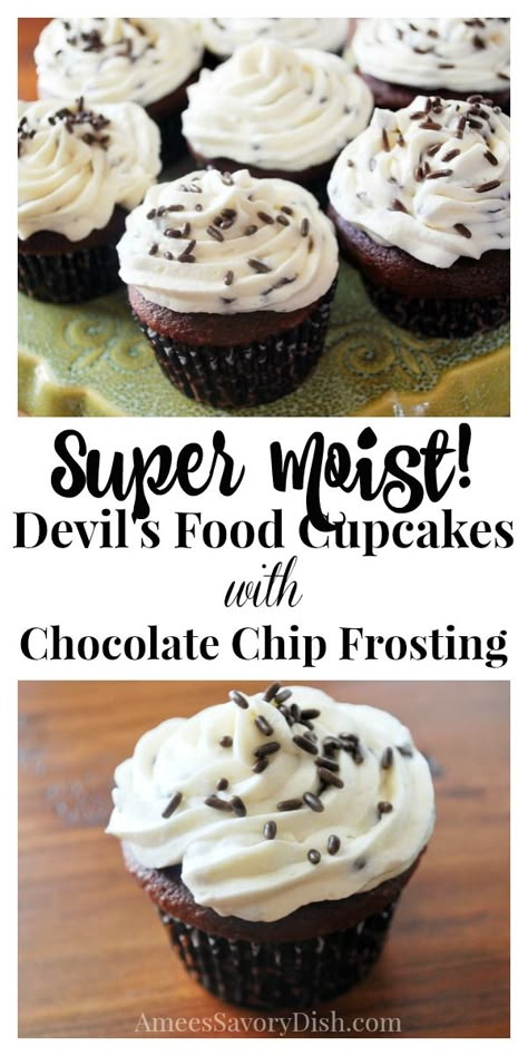 A simple recipe from scratch for super Moist Devil's Food Cupcakes with a rich and delicious buttercream chocolate chip frosting. #chocolatecupcakes #chocolatechipfrosting #cupcakes Devils Food Cake Cupcakes Recipes, Devils Food Cake Cupcakes, Devils Food Cake Cupcake, Devils Food Cupcake Recipes, Chocolate Chip Buttercream Frosting, Devils Food Cupcakes Moist, Frosting For Devils Food Cake, Avery Cooks, Devils Food Cupcake