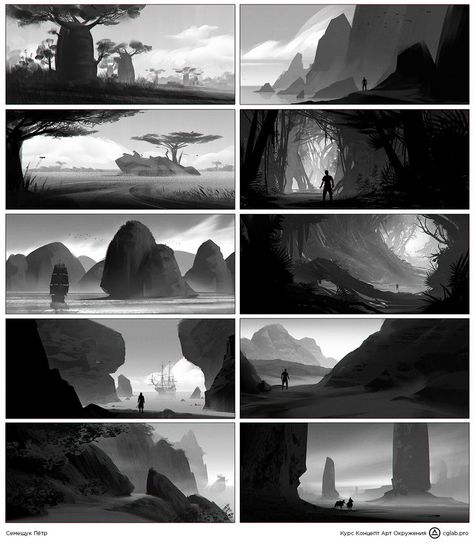 Grayscale Art, Environment Sketch, Concept Art Tutorial, Landscape Sketch, Landscape Concept, Composition Design, Matte Painting, Fantasy Art Landscapes, Fantasy Concept Art