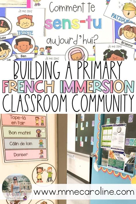 Building a French immersion classroom community is simple with the right resources and procedures. Things like a French morning greeting, or daily check-in are perfect steps to take in building that community. Kindergarten Classroom Door, Classroom Promise, French Immersion Kindergarten, French Classroom Decor, Teaching French Immersion, Classroom Setup Elementary, French Immersion Resources, Class Displays, French Kids