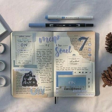 Travel Journal Scrapbook, Bullet Journal Ideas Templates, Journal Inspiration Writing, Bullet Journal Cover Ideas, Bullet Journal Paper, Bulletin Journal Ideas, Kpop Journal, Diy Journal Books, Seni Dan Kraf