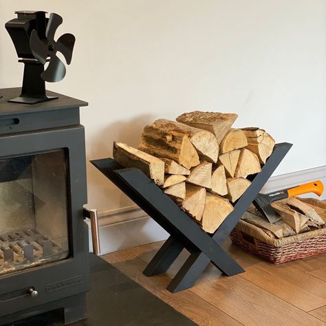 Diy Log Holder Firewood Rack, Wood Holder Diy Firewood Storage Indoor, Log Storage Living Room, Log Holder Fireplace, Corner Fireplace Makeover, Firewood Storage Indoor, Wood Burning Stoves Living Room, Diy Storage Projects, Wood Storage Rack