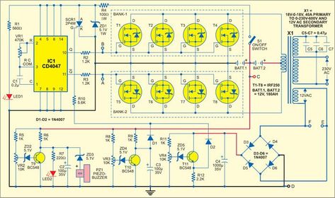 An inverter provides power backup for mains-based appliances in the event of a power failure. Most of the inverters available in the market have complicated circuit designs and are not very economical. Some of them produce a square-wave output, which is undesirable for inductive loads. Here we designed a simple sine wave inverter circuit that […] The post Designing 1kW Sine Wave Inverter Circuit appeared first on Electronics For You. Inverter Welder, Circuit Board Design, Electronic Circuit Design, Power Supply Circuit, Electrical Circuit Diagram, Electronics Basics, Electronic Schematics, Electronic Circuit Projects, Power Inverters