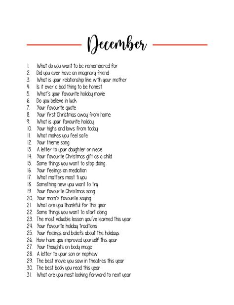 December Prompts, December Journal Prompts, Groovy Games, Healing Writing, Monthly Prompts, December Writing Prompts, Christmas Writing Prompts, Empty Journal, 30 Day Writing Challenge