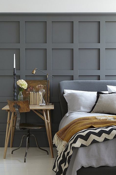 Chic bedroom, love the color, textures and patterns on the bedding & the charcoal wall detail. Gray Walls, Grey Paint, Little Greene Paint, Grey Bedroom, Gray Interior, Design Del Prodotto, Style At Home, The Design Files, Beautiful Bedrooms