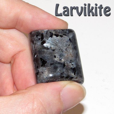 Larvikite - Sometimes referred to as Black Labradorite, Black Moonstone, or Norwegian Moonstone. Black Labradorite Meaning, Larvikite Crystal, Blue Pearl Granite, Crystal Tips, Third Eye Chakra Stones, Crystal Work, Black Labradorite, Crystal Power, Black Moonstone