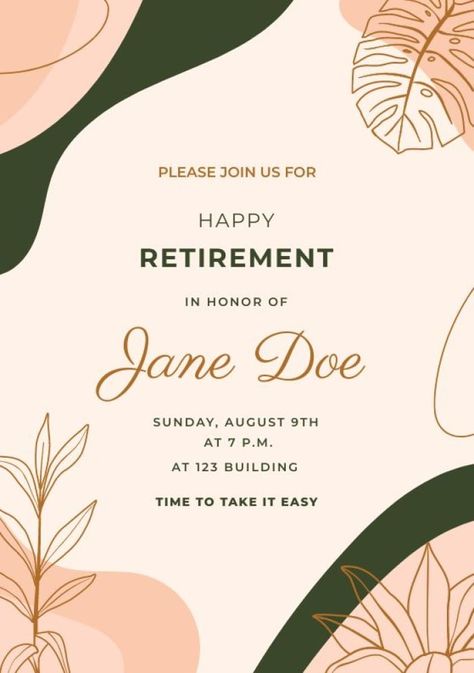 Retirement Greetings, Retirement Party Invitation, Retirement Invitation Template, Retirement Invitation, Retirement Invitations, Retirement Party Invitations, Jane Doe, Party Template, Happy Retirement