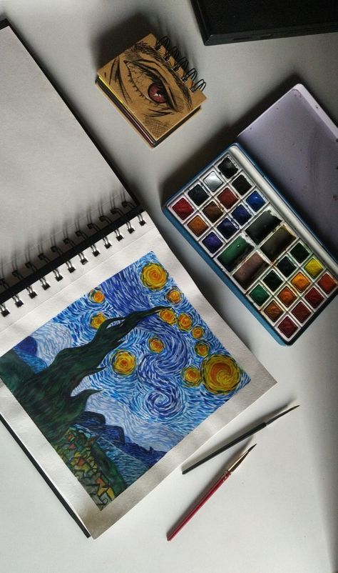 Starry night by Van Gogh
Made with watercolor and 200 gsm sketch book Starry Night Painting Watercolors, How To Paint Starry Night Watercolor, Van Gogh Watercolor Paintings, Starry Night Watercolor, Watercolor Starry Night, Artist Research Page, Van Gogh Watercolor, Starry Night Art, Starry Night Painting