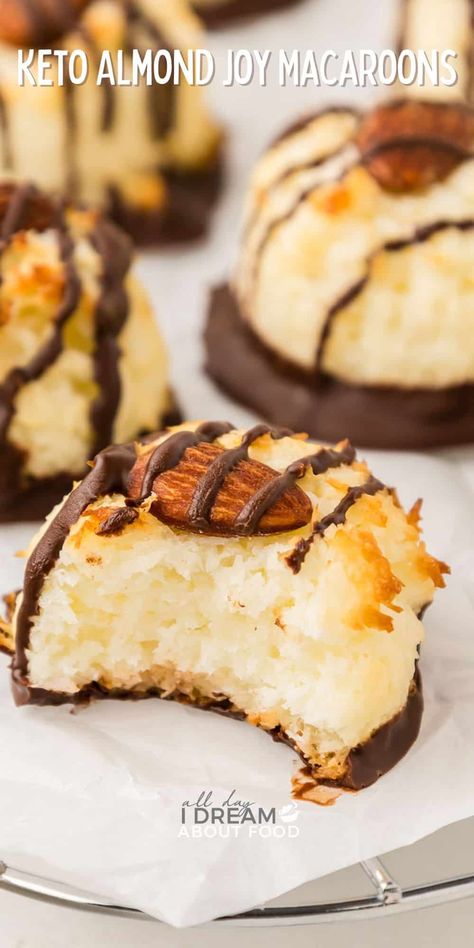 These Keto Coconut Macaroons taste like Almond Joy candy bars! They are delightfully chewy and sweet, and totally sugar-free and gluten-free. #ketorecipes #sugarfreedesserts #lowcarbdesserts Healthy Macaroons Recipe, Coconut Macaroons Recipe Gluten Free, Keto Macaroons, Keto Almond Joy, Keto Coconut Macaroons, Almond Joy Candy Bars, Almond Joy Candy, Coconut Macaroon, Coconut Macaroons Recipe