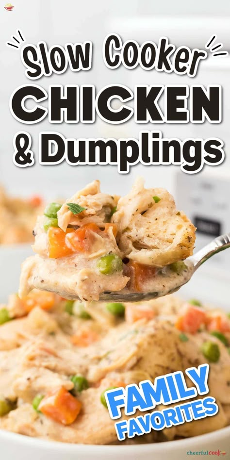 Enjoy this easy Homemade Chicken and Dumplings recipe with fluffy dumplings, all made in a crockpot. This delicious Chicken Dumplings Soup is perfect for busy nights. Our Chicken and Dumplings Crockpot recipe uses canned biscuits for convenience and makes a comforting meal. #CheerfulCook #HomemadeChickenAndDumplings #ChickenDumplingsSoup #ChickenAndDumplingsRecipe #SlowCookerRecipes #CrockpotChickenAndDumplings ♡ cheerfulcook.com Crock Pot Chicken And Dumplings Crockpot, Easy Crock Pot Chicken And Dumplings, Chicken Dumplings Crockpot, Chicken And Dumplings Crockpot, Vegetables Crockpot, Easy Crockpot Chicken And Dumplings, Crock Pot Chicken And Dumplings, Fluffy Dumplings, Chicken Crockpot Recipes Healthy