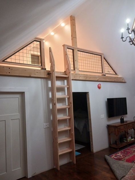 Loft Ladder Attached To Wall, Wood Railing For Loft, Pull Out Loft Ladder, Tiny House Loft Railing, Mezzanine Ladder Ideas, Ladder Loft Ideas, Stair Loft Ideas, Ladder For Loft Ideas, Mezzanine Railing Ideas