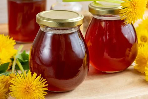 Dandelion Honey Recipe, Dandelion Honey, Small Jam Jars, Lemon Infused Water, Farm Orchard, Dandelion Flowers, Vegan Alternatives, Honey Recipes, Canning And Preserving