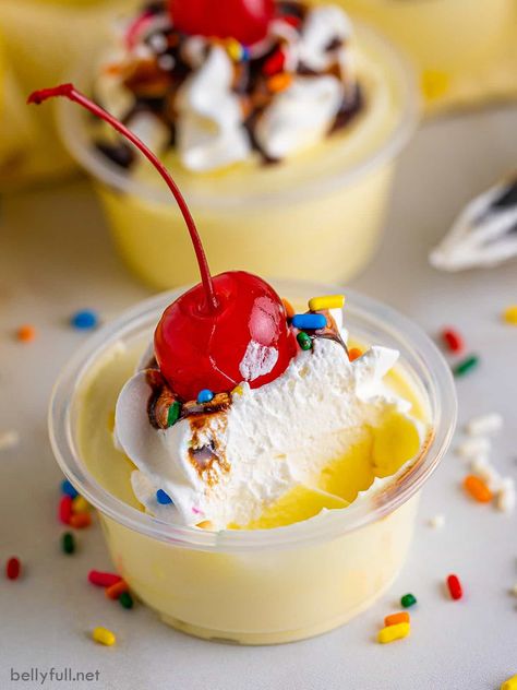 Pina Colada Pudding Shots, Pina Colada Pudding, Frozen Pudding, Sundae Toppings, Homemade Whipped Cream Recipe, Banana Cream Pudding, Easy Puddings, Princess Pinky Girl, Pudding Flavors