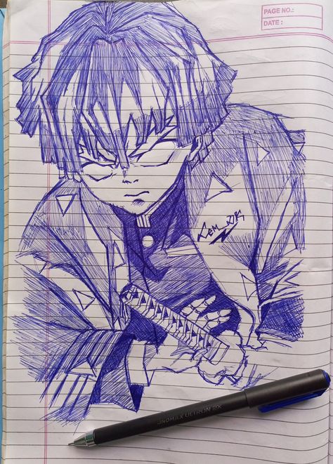 Pen drawing a character from Demon Slayer Demon Slayer Pen Art, Demon Slayer Sketch Easy, Demon Slayer Drawing Inosuke, Anime Pen Sketch, Demon Slayer Sketch, Manga Pens, Animation Character Drawings, Easy Flower Drawings, Abstract Sketches