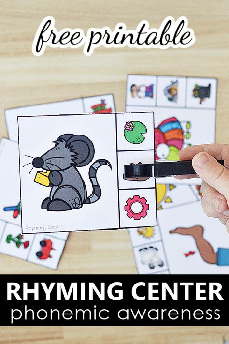 Free Printable Rhyming Phonemic Awareness Literacy Center for PreK and K-Rhyming Clip Cards Rhyming Word Activities Kindergarten, Phonological Awareness Activities Prek, Rhyming Activities Kindergarten, Teaching Rhyming Words, Kinder Literacy Centers, Rhyming Words Activities, Rhyming Preschool, Preschool Theme Activities, Rhyming Games