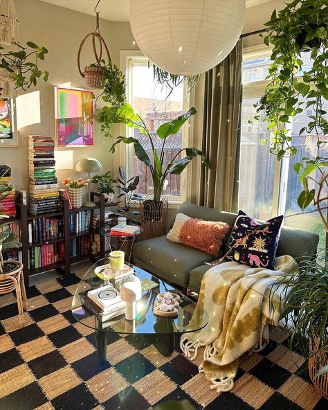 Which one steals your heart? Pin your favorite and let us know! 💚  📷: bohome.plantry on IG Female Apartment Ideas, Funky Apartment Living Room, Elegant Eclectic Decor, Small Maximalist Apartment, Interior Design Plants Living Room, Artsy Studio Apartment, Boho Eclectic Living Room Ideas, Comfy Interior Design, Flowers In Living Room