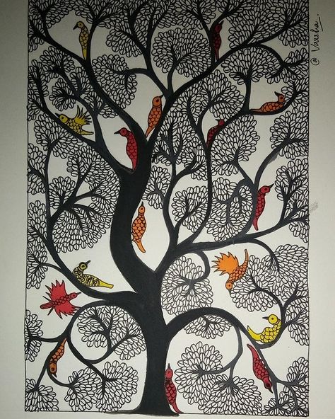 Gond Art Tree Of Life, Madhubani Art On Wall, Gond Art Birds, Pattachitra Paintings Design, Gond Painting Design, Gond Painting Folk Art, Gonda Art, Folk Drawing, Folk Art Tree Of Life