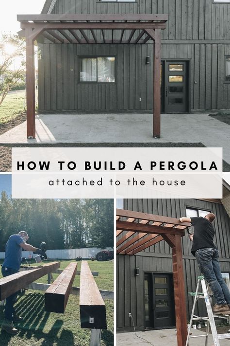 Pergola Off Side Of House, How To Build A Pergola With Roof, How To Attach A Pergola To A House, Pergola Lean To House, Pergola Attached To Brick House, Pergola Detached From House, Craftsman Pergola Ideas, Rustic Pergola Attached To House, Building A Pergola Attached To House