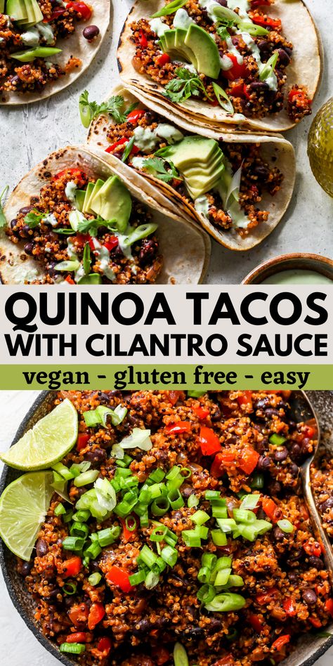 Quinoa Black Bean Tacos, Black Bean And Quinoa Tacos, High Protein No Meat Meals, Plant Based Tacos, Quinoa Taco Meat, Retreat Recipes, Veggie Tacos Recipes, Plant Protein Recipes, Plant Meals