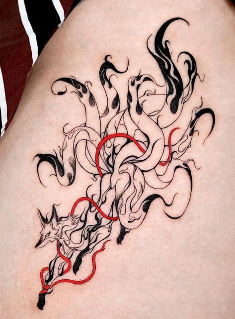 Melanistic Fox Tattoo, Kitsune Tattoo Men, Gumiho Tattoo, Kitsune Tattoo Design, 9 Tails Fox Tattoo, 9 Tailed Fox Tattoo, Nine Tailed Fox Tattoo, Mythical Creatures Tattoo, Kitsune Tattoo