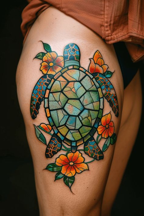 Stunning Sea Turtle Tattoo Ideas You'll Love Stained Glass Tattoo Ideas, Hawaiian Inspired Tattoos, Turtle Tattoos For Women, Sea Turtle Tattoo Ideas, Sealife Tattoos, Tattoo Art Ideas, Bill Tattoo, Turtle Tattoo Ideas, Cow Skull Tattoos