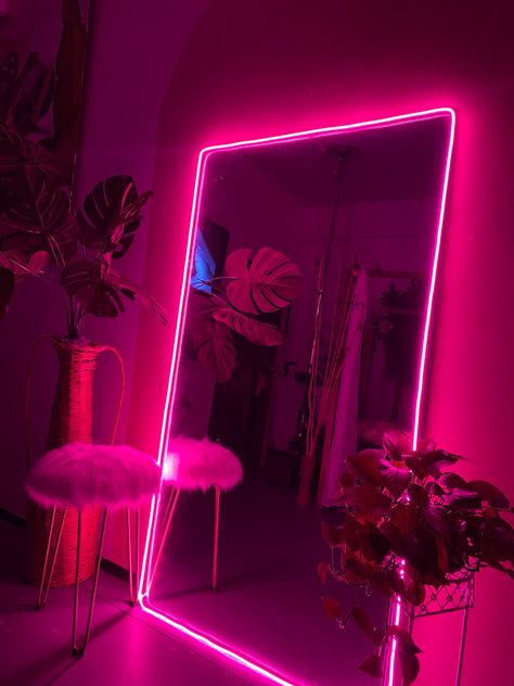 Pink Led Room Aesthetic, Full Length Mirror With Led Lights, Welcoming Living Room, Neon Mirror, Pink Led Lights, Led Rope Light, Pink Neon Sign, Neon Bedroom, Neon Room