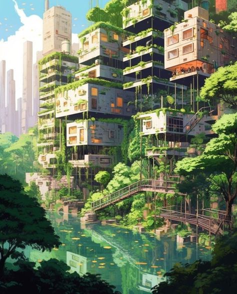 Overgrown Cyberpunk City, Biopunk City Concept Art, Bio Punk City, Over Grown City, Overgrown Cyberpunk, Overgrown City Aesthetic, Solar Punk Minecraft, Nature City Aesthetic, Solar Punk Art