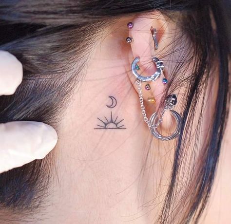 Sun And Moon Tattoos, Button Tags, Community Tattoo, Awesome Tattoo Ideas, Moon Sun Tattoo, Behind Ear Tattoos, International Tattoo, Hand And Finger Tattoos, Crescent Moon Tattoo