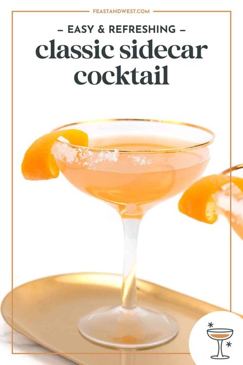 Learn how to make a classic sidecar cocktail, a mix of brandy, Cointreau and lemon juice. Impress with this easy, elegant drink recipe. Peach Sidecar Cocktail, Sidecar Cocktail Recipe, Side Car Drink Cocktails, Side Car Cocktail, Sidecar Drink, Sidecar Recipe, Brandy Drink, Cointreau Cocktails, Frozen Drinks Alcohol