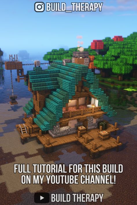 Minecraft Fishing Hut Ideas, Minecraft Fishing Village Ideas, Minecraft Fishing Hut Interior, Lakehouse Minecraft, Minecraft Medieval Fishing Hut, Minecraft Hut Ideas, Minecraft Fisherman Hut, Fishing House Minecraft, Minecraft Harbor Ideas