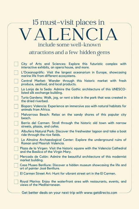 Unlock the 15 Must-Visit Places in the Heart of Valencia. Save it for your next trip to Valencia, Spain. More information on the link⬆️ #TravelValencia #BucketListValencia Valencia attractions | Valencia activities | Spain travel | things to do in Spain | Spain attractions | Valencia museums | Valencia things to do Valencia Bucket List, Spain Things To Do, Valencia Things To Do, Places To Go In Spain, Valencia Photo Ideas, Valencia Spain Aesthetic, Valencia Outfit, Spain Activities, Valencia Spain Beach