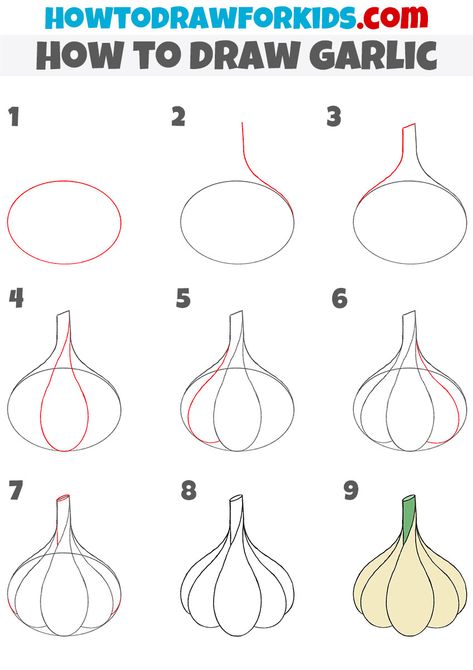 How to Draw Garlic - Easy Drawing Tutorial For Kids Garlic Drawing Simple, Garlic Cartoon Drawing, How To Draw Vegetables Step By Step, How To Draw Vegetables, Fruit Drawing Reference, Garlic Sketch, Garlic Drawing, Garlic Painting, Draw Vegetables