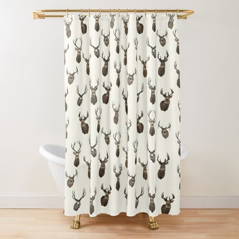 Get my art printed on awesome products. Support me at Redbubble #RBandME: https://www.redbubble.com/i/shower-curtain/Rustic-Modern-Big-Buck-Deer-Animal-Head-Illustration-Pattern-by-CynthiaCharlene/49280898.YH6LW?asc=u Hunting Bathroom, Big Buck, Head Illustration, Deer Animal, Boy Rooms, Buck Deer, Mule Deer, Big Bucks, Rustic Curtains