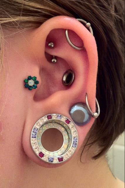 the flower in the tragus is Industrial Strength. tragus, double stretched ears, punched conch, rook, orbital. Different Ear Piercings, Ear Art, Piercing Shop, Conch Piercing, Body Piercings, Stretched Ears, Tone Hair, Palm Beach Fl, Heart Shaped Diamond