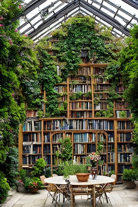 Plants In Library, Greenhouse Bookstore, Greenhouse Library, Magical Bookstore, Greenhouse Restaurant, Library Garden, Practical Magic House, Greenhouse Cafe, Dream Porch