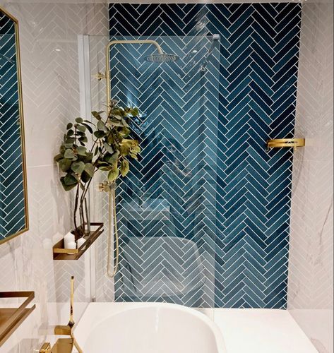 French Art Deco Bathroom, Blue Chevron Tile Bathroom, Turquoise And White Bathroom, Blue Bathroom Gold Fixtures, Blue Zellige Tile Bathroom, Turquoise Bathroom Tiles, White And Blue Bathroom, Bathroom Rehab, Bathroom Dream