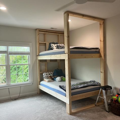 Sometimes I take a break from surface pattern design and sewing…to build things 💪🏼 Here is my latest project: built-in full size bunk beds for the boys 💙💙 I am having a blast with these and all of the framing is complete! Now I just have to make them look beautiful, complete with a nook and reading light for each 💡 What do you think? Could you sleep in these??? . . . . . #bunkbeds #diy #girlswhobuild #imadethis #woodwork #designer #interiordesign #boysroom #iliketomakestuff #diyprojects #pr... Diy Full Size Bunk Beds, Twin Over Full Bunk Bed Diy, Top Bunk Bed Ideas, Diy Built In Bunk Beds, Bunk Bed Lighting, Diy Bunk Beds, Diy Bunk Beds Plans, Bunk Bed Wall, Bunker Bed