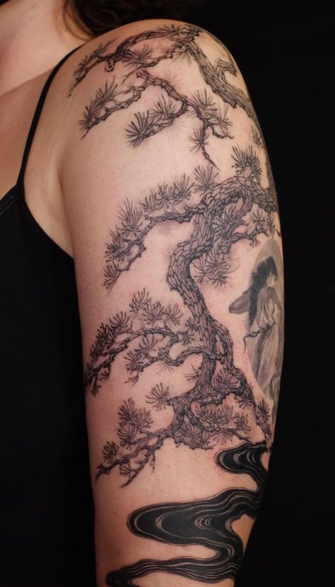 Bonsai Tattoo, Bonsai Tree Tattoos, Tree Sleeve, Roots Tattoo, Emo Tattoos, Oak Tree Tattoo, Tree Tattoos, Japan Tattoo Design, Landscape Tattoo