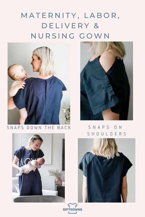 Collage of navy blue giftgown and overlay of text Birthing Gown, Hospital Bag For Mom To Be, Nursing Robe, Hospital Gowns, Labor Delivery Nursing, Diy Kimono, Nursing Gown, Traditional Gowns, New Hospital